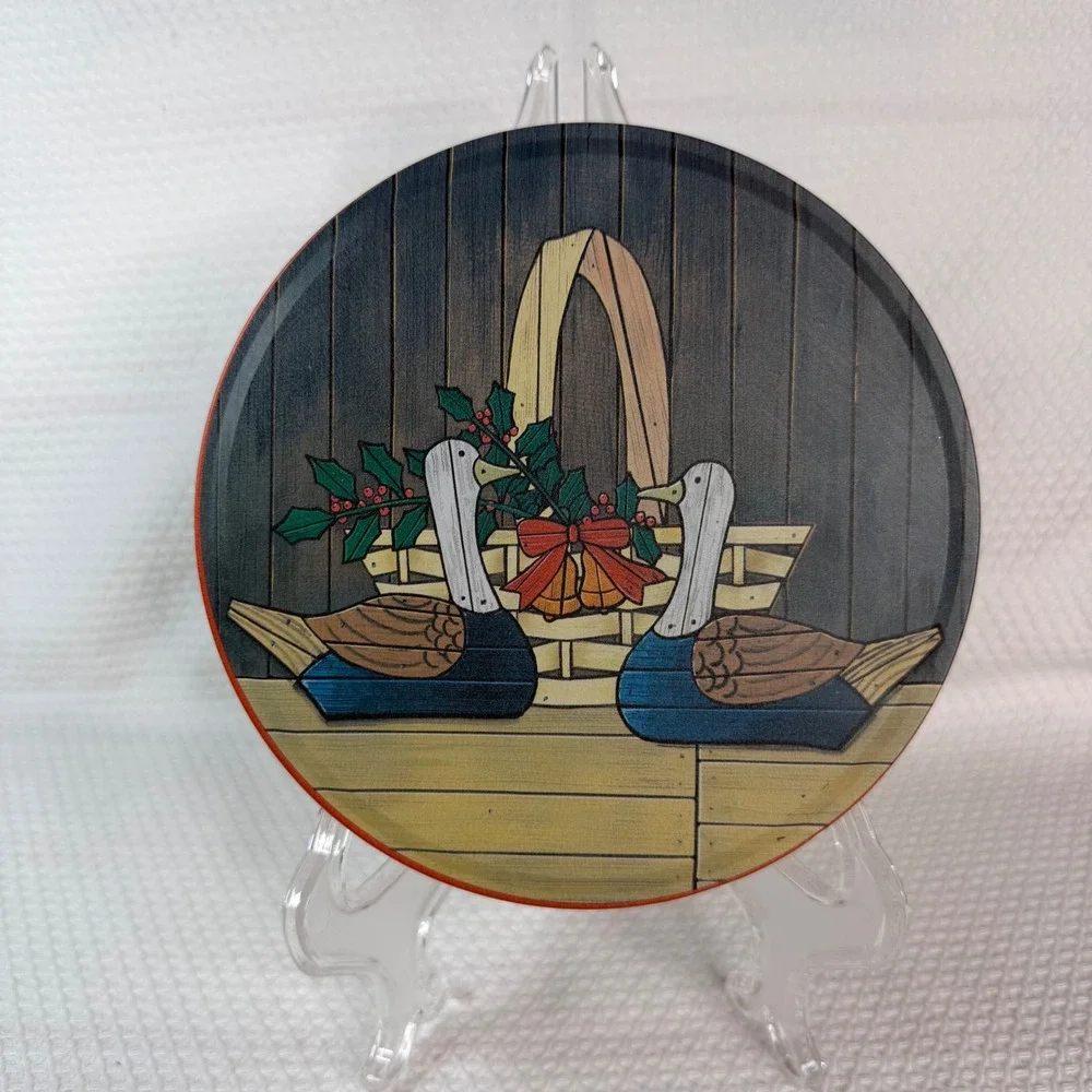 Vintage Holiday Ducks Folk Art Round Metal Decorative Tin Red 7in Cottagecore